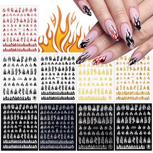 9 Sheets Flame Nail Stickers Decals, TOROKOM 3D Holographic Self-Adhesive Fire Nail Decals White Black Silver Gold Red Flame Nail Art Stickers Nail Art Supplies for Nail Decor