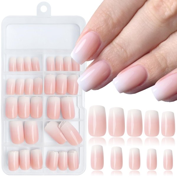 LoveOurHome 120pc Square Press on Nails Medium Fake Nails Ombre Nude False Nails Medium Square Nails Press ons Nail Glossy Artificial Nail Tips Presson Fingernails with Nail Glue Adhesive Tabs
