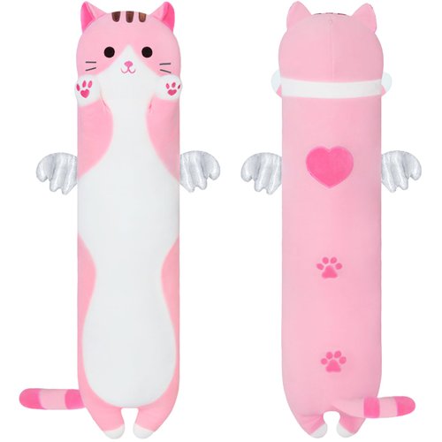 Sausudols Long Cat Plush Body Pillow, Cute Cat Plush Toy Pillows with Wings, Stuffed Animals Kitten Soft Plushies Gifts for Kids Girls Girlfriend(Pink, 19.6in/50cm)