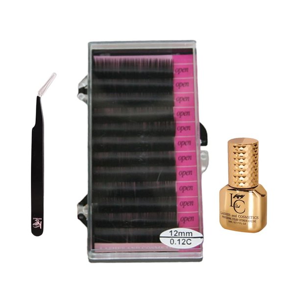 Eyelash Extensions C Curl 12mm Mixed Single Mink Lash Tray With Eyelash Glue and Tweezer, supplies Individual Eyelashes Salon Use Black Mink False Lashes