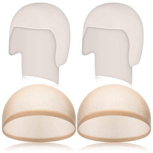 Syhood 4 Packs Halloween Bald Caps Makeup Latex Bald Head Wig Cap Bald Hat Costume Accessories for Women Men Adults(White, Beige)