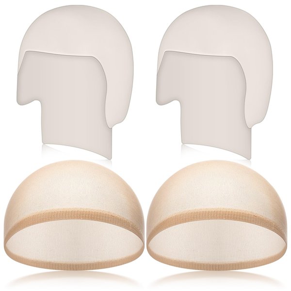 Syhood 4 Packs Halloween Bald Caps Makeup Latex Bald Head Wig Cap Bald Hat Costume Accessories for Women Men Adults(White, Beige)