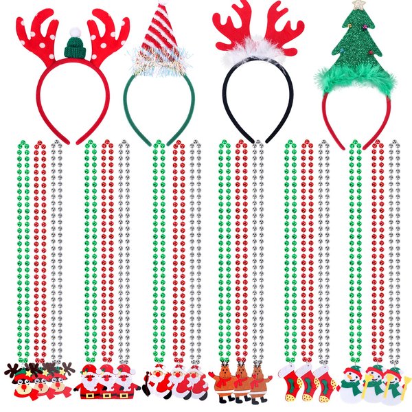 Atonofun 22 Pcs Christmas Party Favors, Christmas Costume Accessories with Xmas Beaded Necklaces Christmas Headband for Kids Christmas Party Gifts Decorations