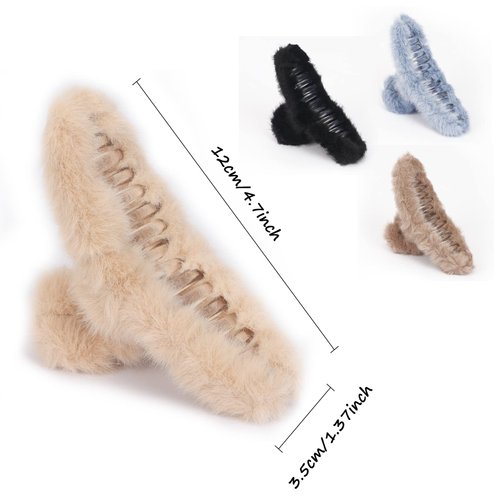 Unaone 4 PCS Hair Claw Clips for Women, Plush Hair Clips Strong Hold Non-Slip Hair Barrettes for Thick Thin Long Hair, Cute Claw Clips Hair Accessories for Girls (Black, Blue, Coffee, Beige)