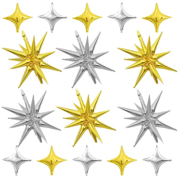 Gold Silver Star Balloons,Explosion Star Balloons Kit with 6Pcs 22Inch Cone Star Foil Balloons and 10Pcs 10Inch Four Pointed Star Balloons for Birthday Anniversary Disco Party Decorations