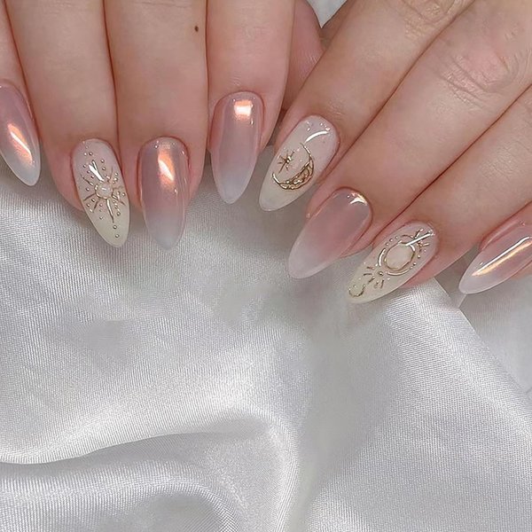 24Pcs Almond Press on Nails Medium Ombre Pink Fake Nails Gold Star Moon Nail Glossy Designs Nail Art Supplies Full Cover Artificial Nail Glue on Nails French False Nails for Women Girls Acrylic Nail