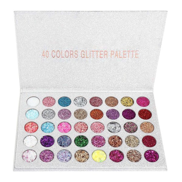 SUMEITANG 40 Colors Pressed Chunky Glitter Eyeshadow Palette, Self Adhesive Glue Gel Glitter Highly Pigmented Colourful Shimmer Glitter Eye Shadow Pallet For Women Girls Long Lasting Sparkle Makeup