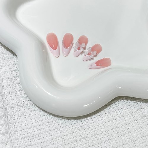 French Tip Press on Nails Almond RIICFDD Pink Fake Nails Short French Pearls Press on Nail Bow Nail Charms Designs False Nails Cute Acrylic Full Cover Glue on Nails for Women Girls 24 Pcs