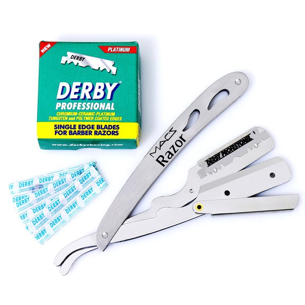 Macs Professional Stainless Steel Barber Straight Edge Razor with Hi-Chromium Derby 100 Count Blades Made of Stainless Steel Easy To Replace-053B1