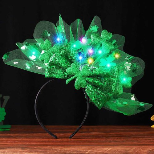 Kilshye St Patricks Day Headband Green Light Up Shamrock Headpeice Sequin Bow Headbands Irish Costume Hair Accessories for Women and Girls