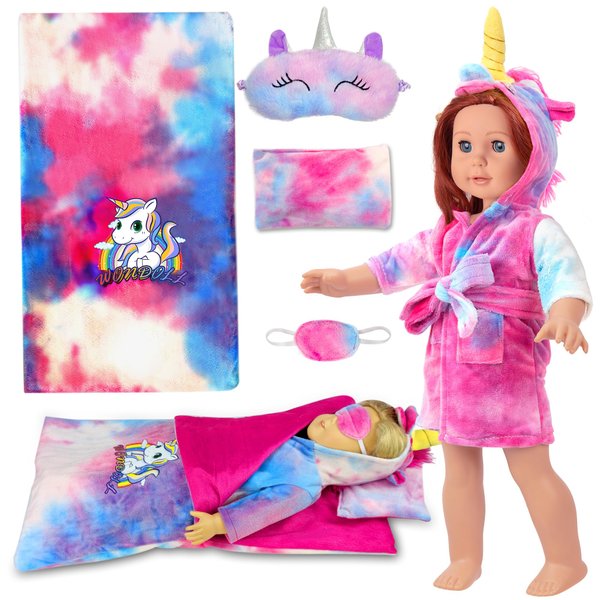 WONDOLL 18-inch Doll Clothes and Doll Sleeping Bag Set with Matching Sleepover Masks & Pillow