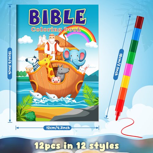 BenLouis 12 Christian Mini Coloring Books Kids with 12 Stacking Crayons Bible Verse Religious Party Favors Small Activity Books Bulk for Kids Sunday School Christmas Party Gift Goodie Bag Stuffers