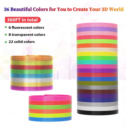 3Dgenius 36 Colors 3D Pen Filament 1.75mm PLA, Each Color 10 Feet, Total 360 Feet 3D Pen Filament Refills 3D Printing Pen Refills with High-Precision Diameter Not Compatible with 3Doodler Pen