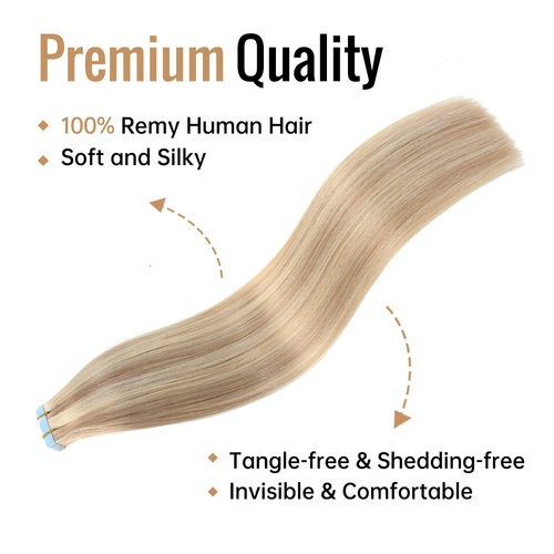JESSBO Tape in Hair Extensions Human Hair Ash Blonde Highlighted Bleach Blonde 14 inch 20pcs 40g/pack Straight Seamless Skin Weft 100% Real Human Hair