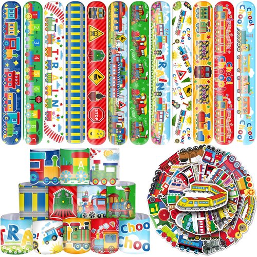 Lcnjscgo 74 PCS Train Party Favors, 24 PCS Train Slap Bracelets 50 PCS Train Stickers Train Birthday Party Decorations Supplies Gifts for Kids Classroom Rewards