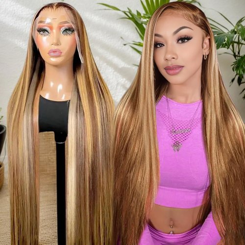 ALLRUN Highlight Lace Front Wig Human Hair 13x6 Highlight Wigs Human Hair Straight P4/27 Highlight Ombre Human Hair Honey Blonde Wig Hd Lace Front Wigs Pre-Plucked With Baby Hair 20 Inch