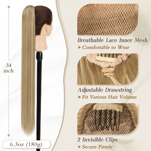 BARSDAR Drawstring Ponytail Extension - 34 Inch Long Straight Blonde Ponytail Hair Extensions Synthetic Fake Pony Tails Hairpieces Clip in Ponytail for Women Girls Daily- Light Ash Blonde Mixed