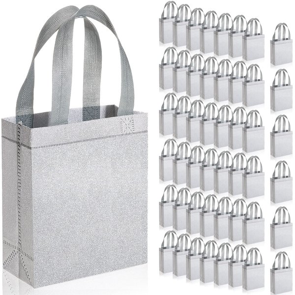 Woanger 48 Pack Reusable Gift Bags Metallic Tote with Handles Glitter Gift Bags Bling Non Woven Bags for Wedding Birthday Bridesmaid Party(Silver, 6.5 x 3.1 x 7.8 Inch)