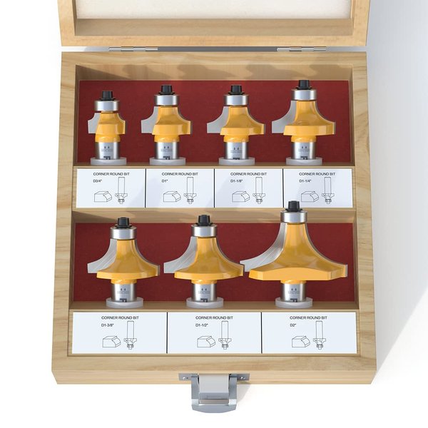 FivePears 7 PCS Roundover Router Bits Set 1/2 Inch Shank, Round Over Router Bits for Edging Forming, Including 1/8", 1/4", 5/16", 3/8", 7/16", 1/2", 3/4" Radius Rounding Router Bits