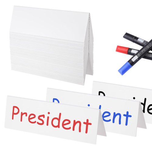 30Pcs Reusable Name Tent Cards, Dry Erase Name Tent Cards, Sturdy Tent Cards are Dual-Sided, Stackable and Simple to Use, Wipe Clean Desk Name Tags, for Meetings White Name Plate for Weddings
