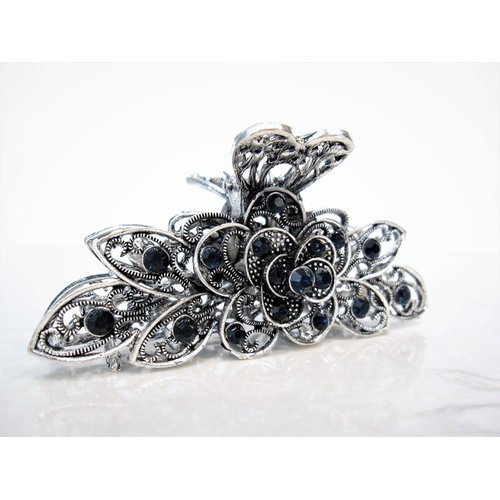 Silver metal flower blue crystal hair claw clip bridal clip medium/fine hair