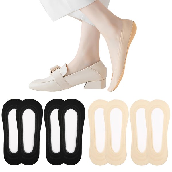 No Show Socks Womens Ultra Low Cut Liner Non Slip Socks for Women 4 Pairs Footies Socks Invisible Socks for Flat Boat Black Nude 5-7 No Shoes Thin Sock Dress Heel Sock Cotton Nylon No See Ballet Short