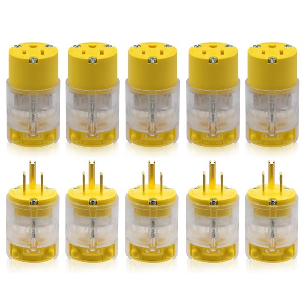 ELEGRP Lighted Straight Blade Electrical Plug and Connector Set 15 Amp 125 Volt NEMA 5-15P NEMA 5-15R 2 Pole 3 Wire Grounding, Commercial Grade, Yellow, 5 Set