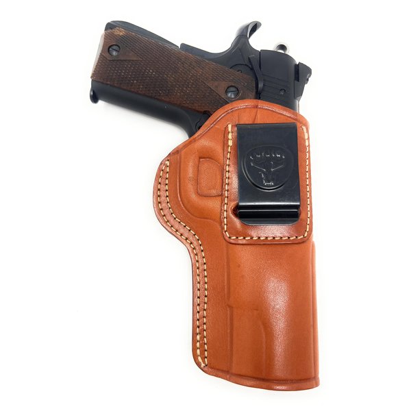 Cardini Leather - IWB Leather Gun Holster, Fits Most 1911 Style Handguns, Accessories for Kimber, Colt, S&W, Remington, Ruger, Open and Concealed Carry Gun Holsters - Brown, Right Hand