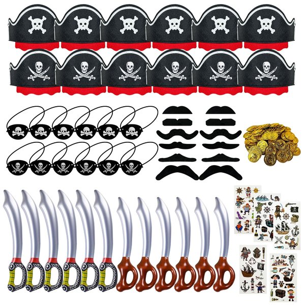 Fun Pirate Party Supplies Set - 153-Piece Fun Pack for Kids: Pirate Birthday, Adventure & Souvenir - Includes 12 Hats, 12 Eye Patches, 12 Swords, 12 Beards, 12 moustaches，100 Gold Coins & 5 Stickers