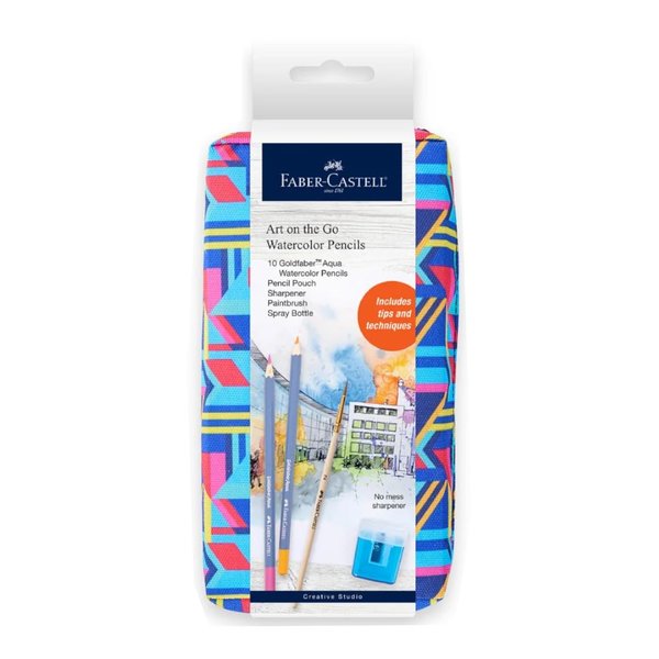 Faber-Castell Art on The Go Watercolor Pencils Set - Travel Watercolor Kit with 10 Goldfaber Watercolor Pencils, Pencil Pouch, No Mess Sharpener and Art Accessories