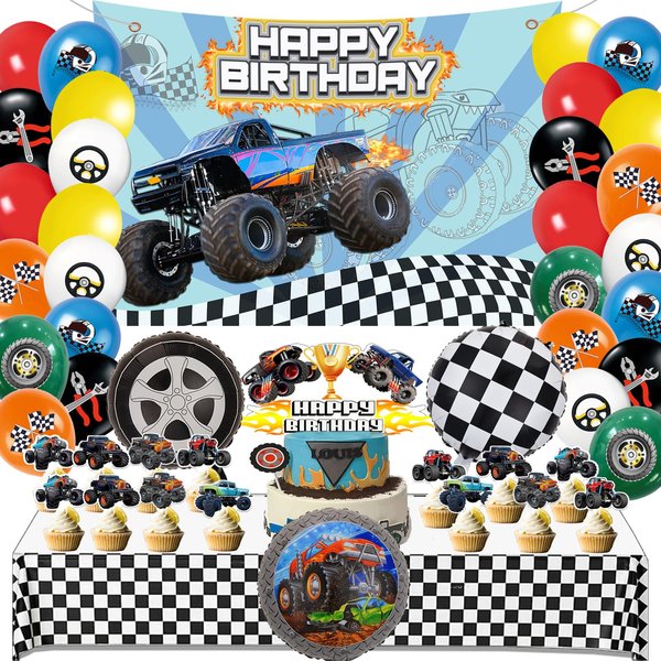 Generic 62PCS Monster Truck Birthday Party Decorations Include Backdrop 31 Balloons 26 Cake Toppers Tablecloth Monster Truck Jam Birthday Decorations for Boys Kids