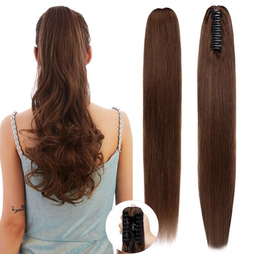 SEGO Pro Claw Clip Ponytail Extension Human Hair Long Straight Clip in Ponytail Hair Extensions Real Hair Ponytail Extension,14inch #4 Chocalate Brown,105g