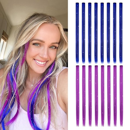 Z-CHARMMY Colored Hair Extensions with Tinsels, Clip in Tinsel Hair Extensions for Women, Glitter Tinsel Hair Extension Kit, 16 Pieces, Blue and Purple