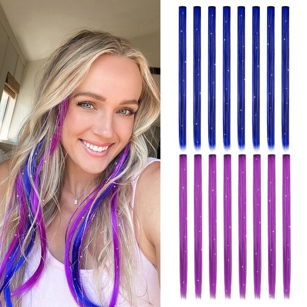 Z-CHARMMY Colored Hair Extensions with Tinsels, Clip in Tinsel Hair Extensions for Women, Glitter Tinsel Hair Extension Kit, 16 Pieces, Blue and Purple