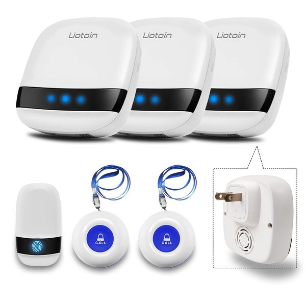 LIOTOIN Caregiver Pager Wireless Call Button Call Bell Alert Button Nurse Alert System for Home/Elderly/Patients/Disabled 3 Waterproof Transmitters 3 Plugin Receivers (600+ft Operating Range)