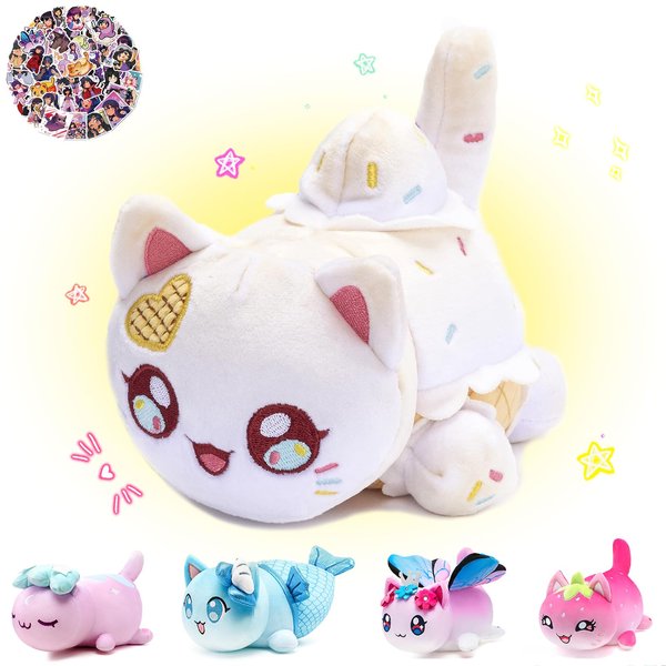 KOWSI 61 PCS 11 inches Ice Cream Cat Plush + 60 Sticker Cute Kawaii Cat Plush Collection 100% Polyester Plushie Pillow Embroidered Soft Stuffed Animal Collectible (Ice Cream Cat)