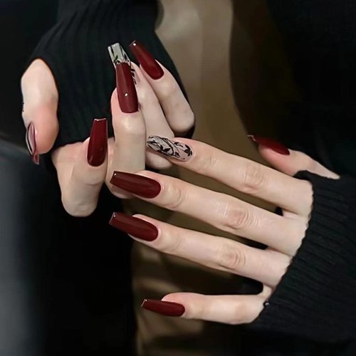 RikView Long Press on Nails Red Acrylic Nails Coffin Fake Nails with Fall Design Full Cover Nails 24 PCS/Set