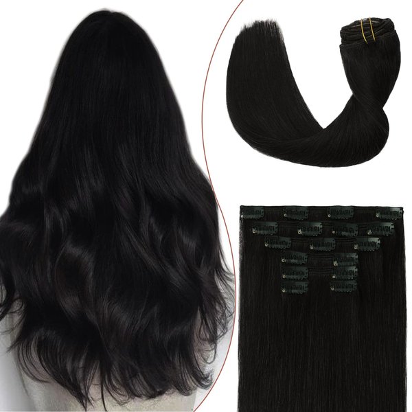 HUAYI Clip in Hair Extensions,100% Human Hair extension Soft Natural no tangling no shedding,clip ins real human hair Remy Hair Black Hair(22Inch 7pieces 120g)