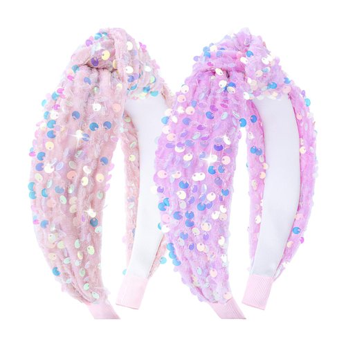 Lanmerry Sequin Knotted Headbands for Girls Headbands Sparkle Pink Headband Glitter Girls Hair Accessories Kids Velvet Headbands Little Girls Hair Bands Pink Headband 2Pcs