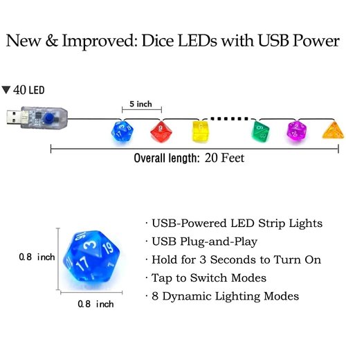 MillMB Decorative Multicolor String Lights with Unique Polyhedral Dice Design (40-Light with Dice,USB Powered)