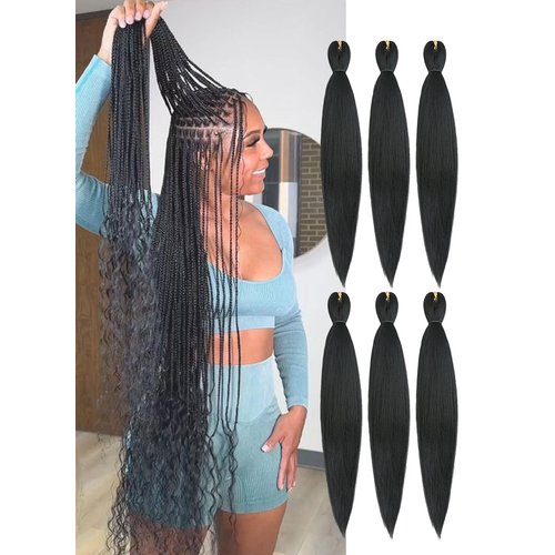 Black Braiding Hair Pre Stretched 30 inch 6 Packs #1b Synthetic Hair Extensions for Braids Yaki Straight