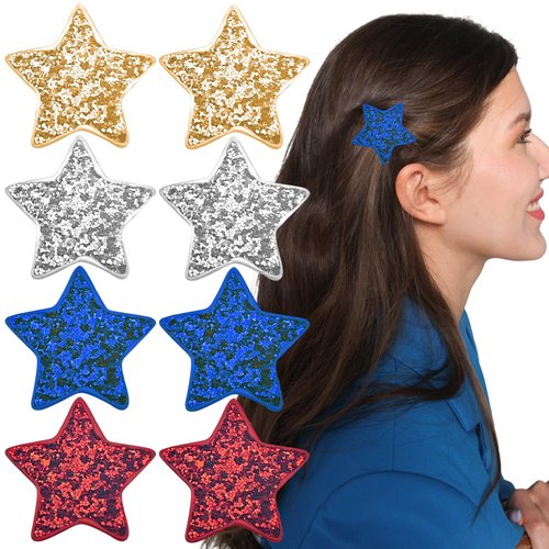 8PCS 4th of July Hair Clips, Star Hair Clips Glitter American Flag Patriotic Independence Day Hair Accessories for Women Girls Red Blue Silver Star Hair Barrettes