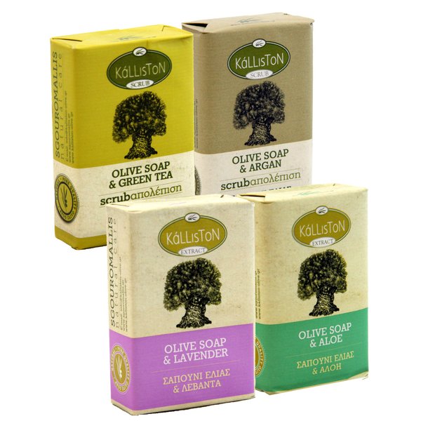Kalliston, Botanical Collection, Includes Olive Oil Scrubs Green Tea and Argan & Olive Oil Extract Soaps Lavender and Aloe, All Natural, Made in Ancient Crete, Greece, Pack of 4