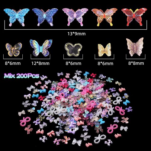 200Pcs Acrylic Butterfly 3D Assorted Nail Charms Mixed Color Variety Butterfly Cute Nail Art Charms for Manicure DIY Crafts Accessories Jewelry