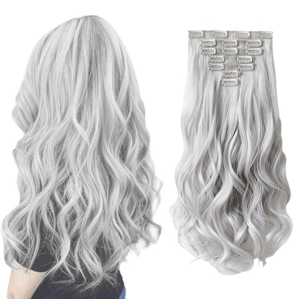 SYXLCYGG Silver White Hair Extensions Clip Hair Extension 18" Wavy 5 Oz Synthetic Fluffy and not Tangled Cheap Hair Piece Women
