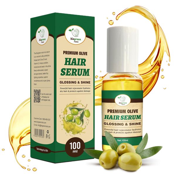 BIOGREEN ROOTS Olive Hair Serum - Nourishing Glossing & Shine Solution - Powerful Hair Rejuvenator with Olive Oil & Vitamin E - Lasting Hair Shine - Frizz Control - Silky Smooth Finish - 100ml