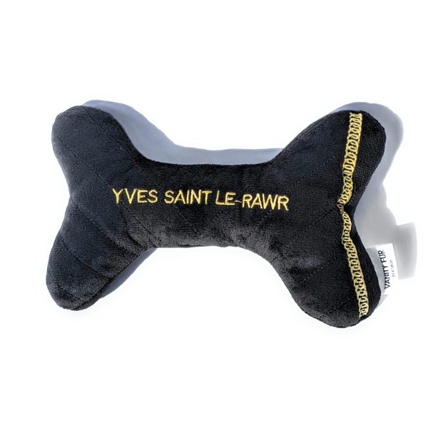 Vanity Fur Pet Shop 2-in-1 Interactive Plush Dog Toy, Stuffed Squeaky Enrichment Chew Toys, Fashion Designer Parody Dog Toy, Squeaker and Rubber Bone Inside | Yves Saint Le-Rawr
