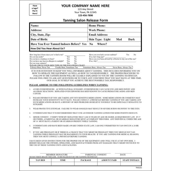 Custom Tanning Salon Release Form in Black & White / 8 1/2 X 11" / 2 Part / TMG102 (100)