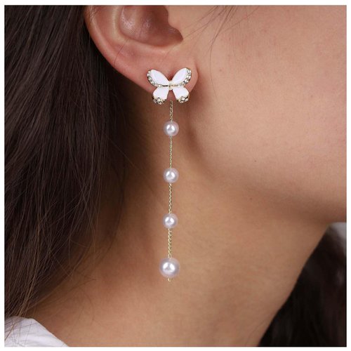 Aneneiceera Vintage Butterfly Pearl Drop Earrings Gold Pearl Chain Earrings Long Pearl Tassel Earrings White Butterfly Stud Earrings Wedding Pearl Earrings Jewelry for Women and Girls