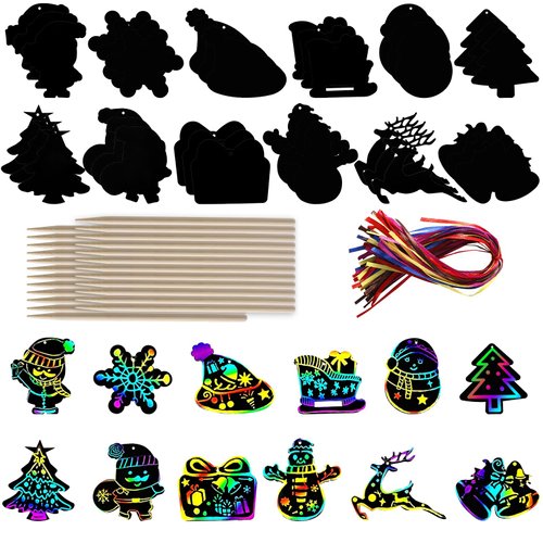 PEUTIER 48pcs Christmas Scratch Paper, Rainbow Color Scratch Paper Magic Scratch Cards Elk Bells Snowflakes Scratch Paper for Christmas Party Games Birthday Decoration